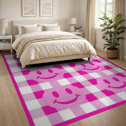 Pink Smiley Face Gingham Washable Area Rug