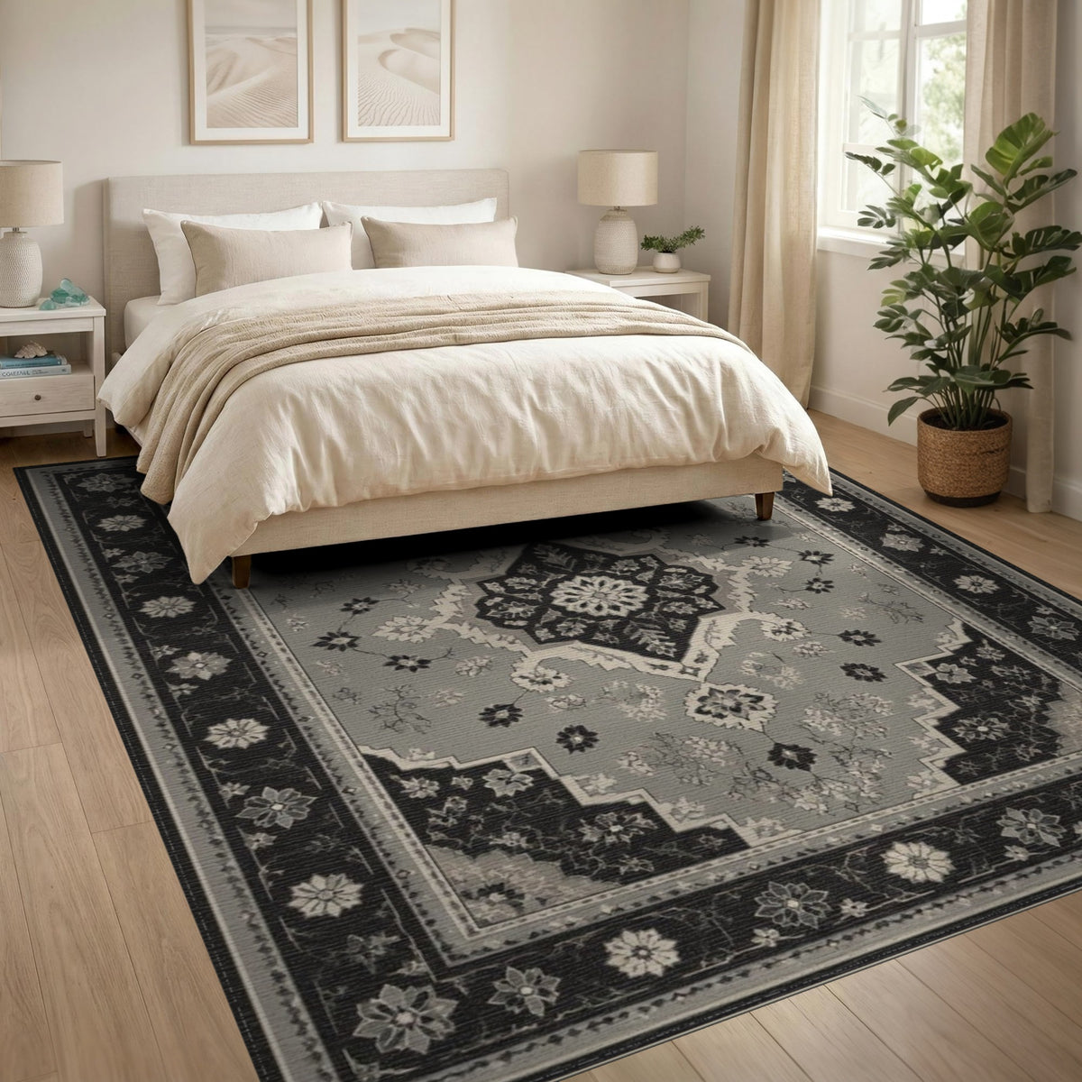 ODIKA Black White Persian Floral Area Rug