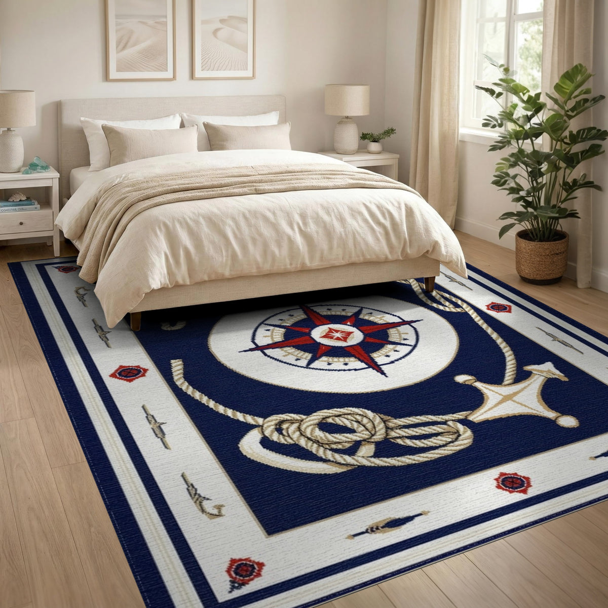 Nautical Compass Anchor Blue Area Rug