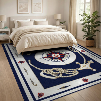 Nautical Compass Anchor Blue Area Rug