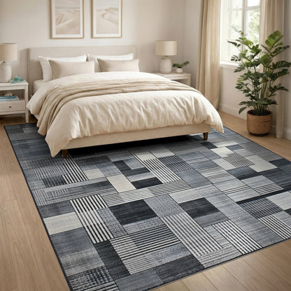 Black and White Patchwork Black White Geometric Patchwork Area Rug