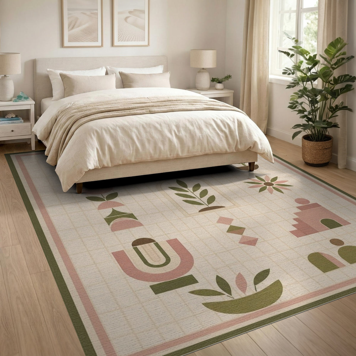 Blush Pink Geometric Plant Motif Area Rug