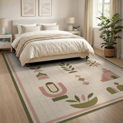 Blush Pink Geometric Plant Motif Area Rug