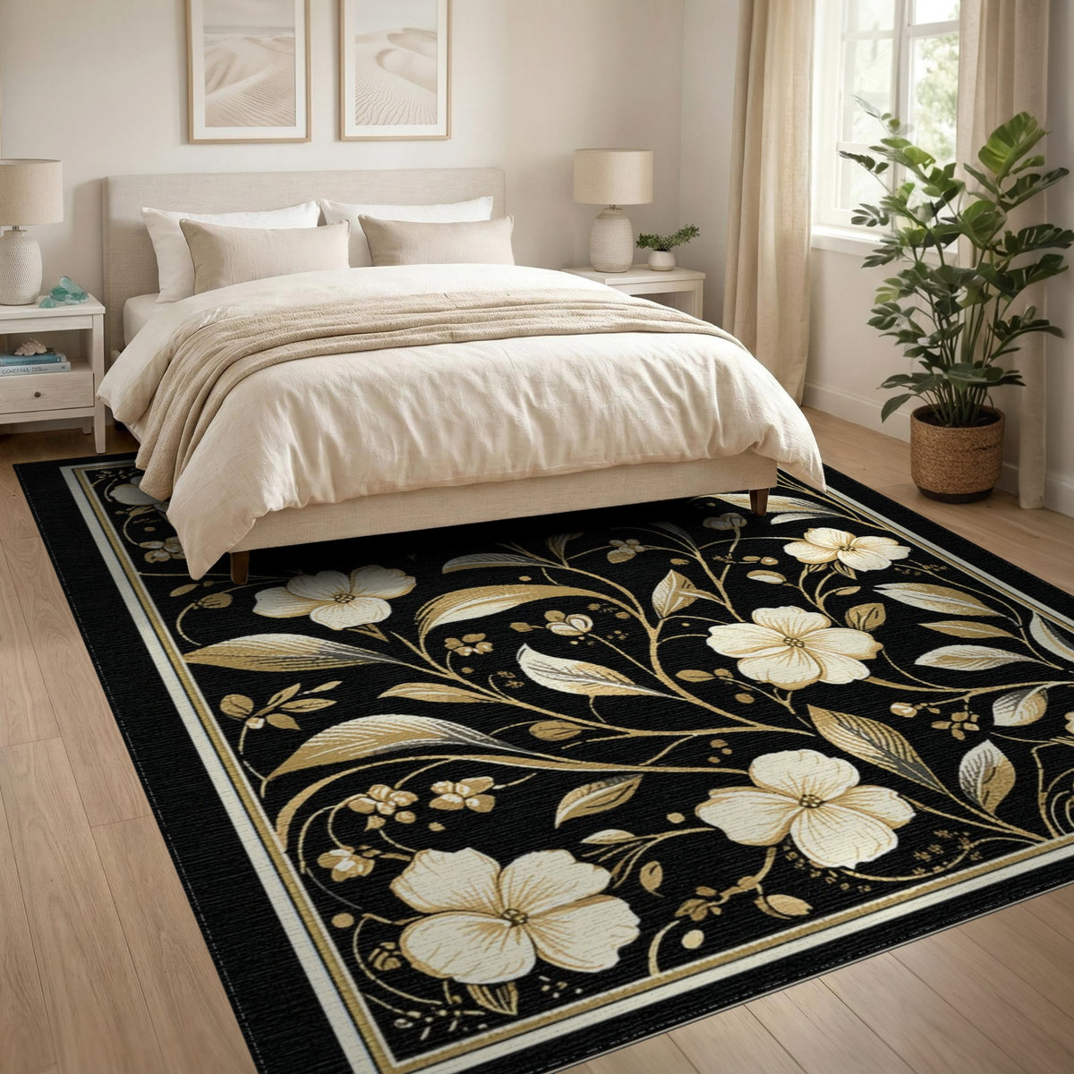 Black Floral Vintage Floral Vintage Area Rug