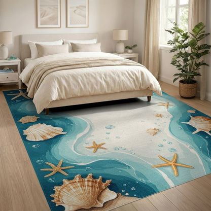 Blue Teal Coastal Seashell Starfish Area Rug