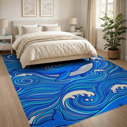 Blue Whale Ocean Waves Washable Area Rug