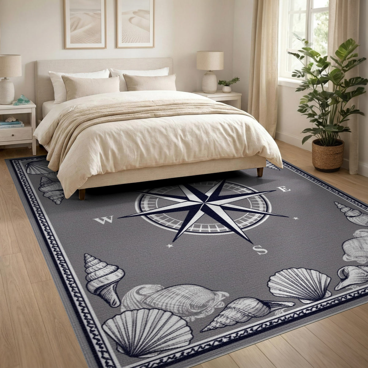 Grey Nautical Compass Shell Area Rug