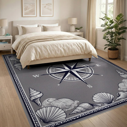 Grey Nautical Compass Shell Area Rug
