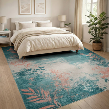Distressed Teal Coral Leaf Area Rug