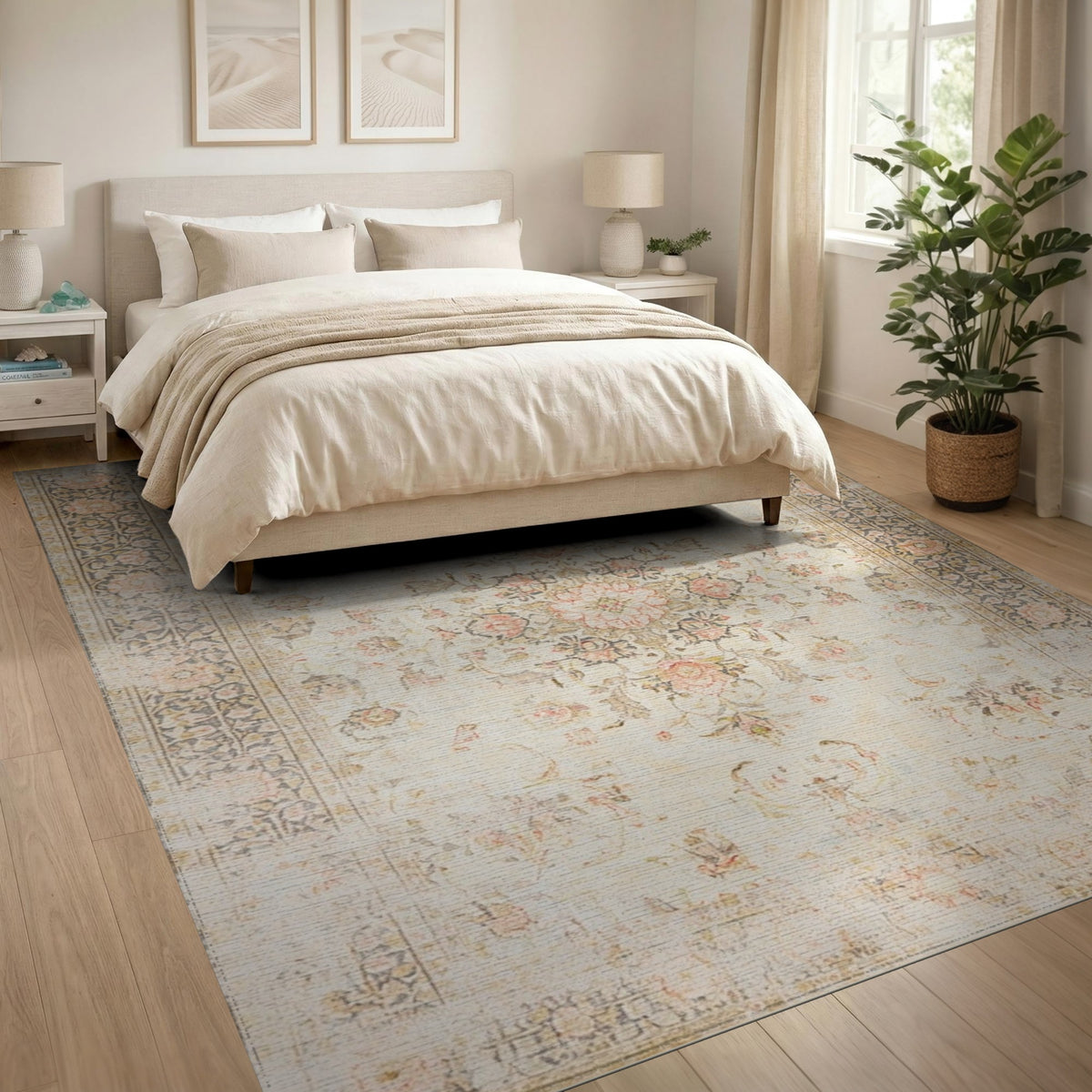 Beige and Neutral Vintage Floral Beige Medallion Area Rug