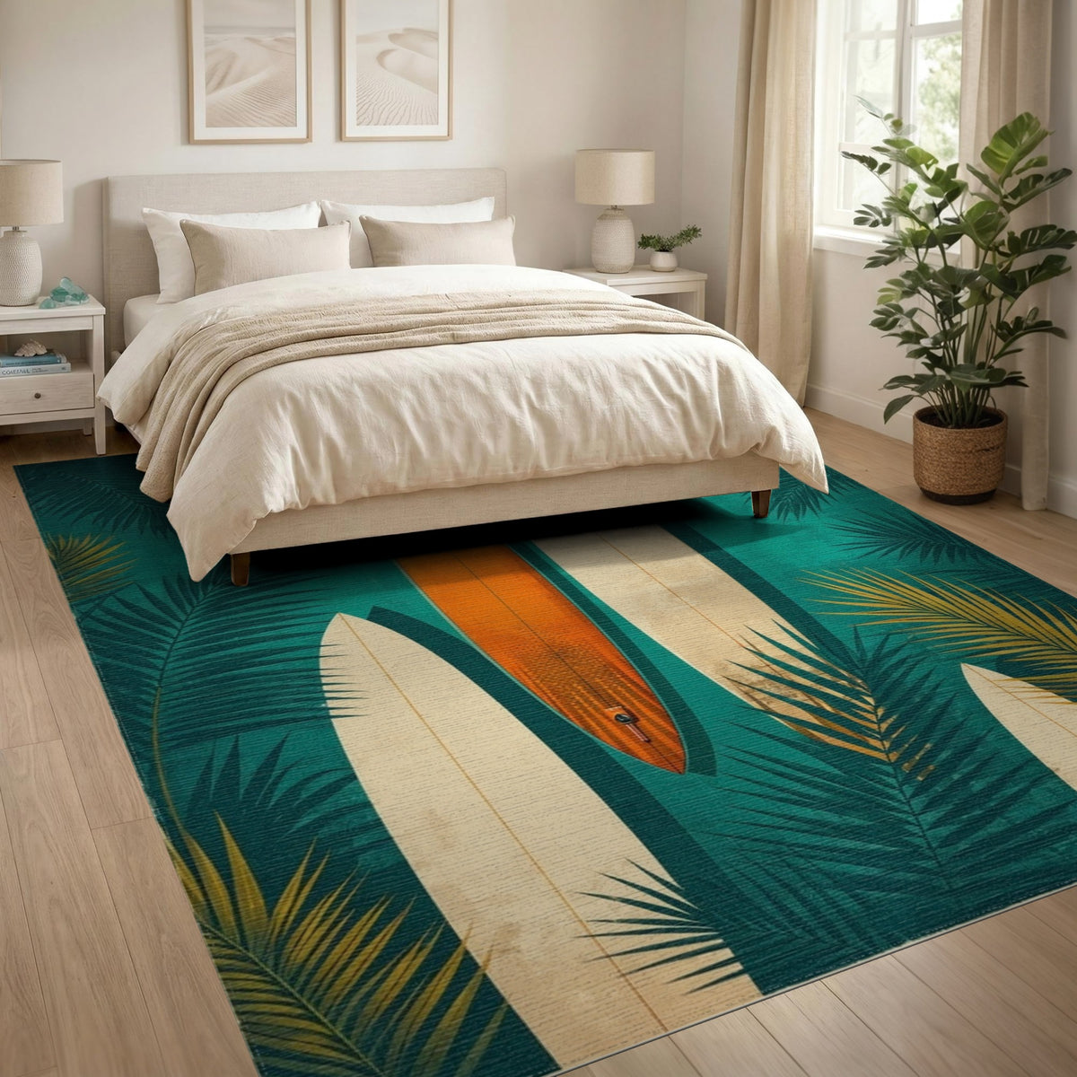 Blue and Teal Coastal Surfboard Teal Area Rug