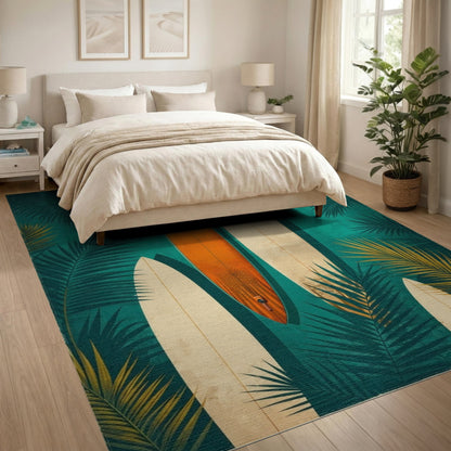 Blue and Teal Coastal Surfboard Teal Area Rug