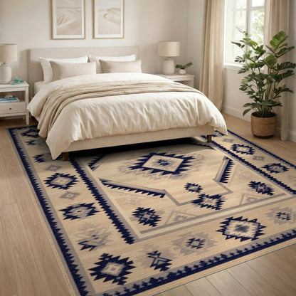 Beige and Neutral Navy Southwestern Geometric Area Rug
