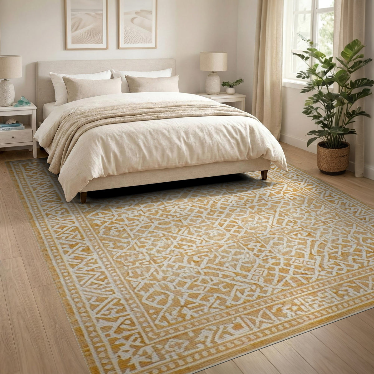 Beige Geometric Washable Area Rug