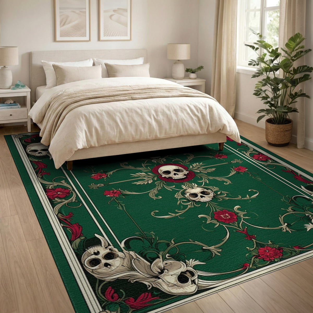 Dark Green Skull Floral Area Rug