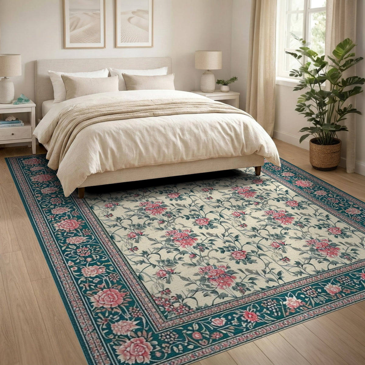 Pink Rose Teal Floral Vintage Area Rug