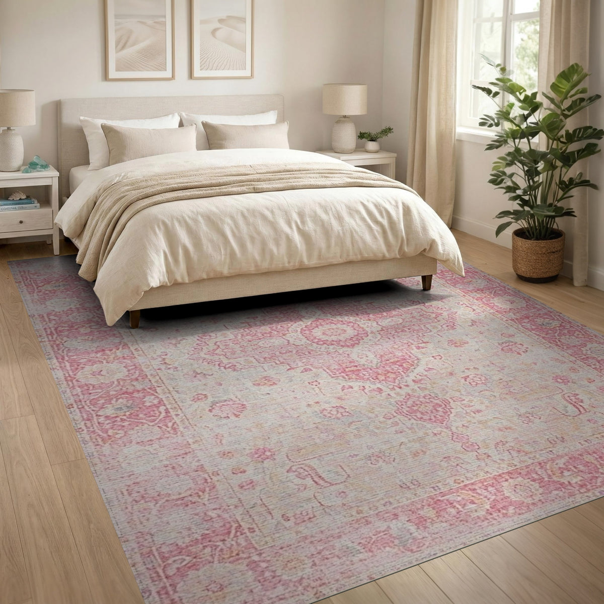 Pink Distressed Vintage Floral Pink Area Rug