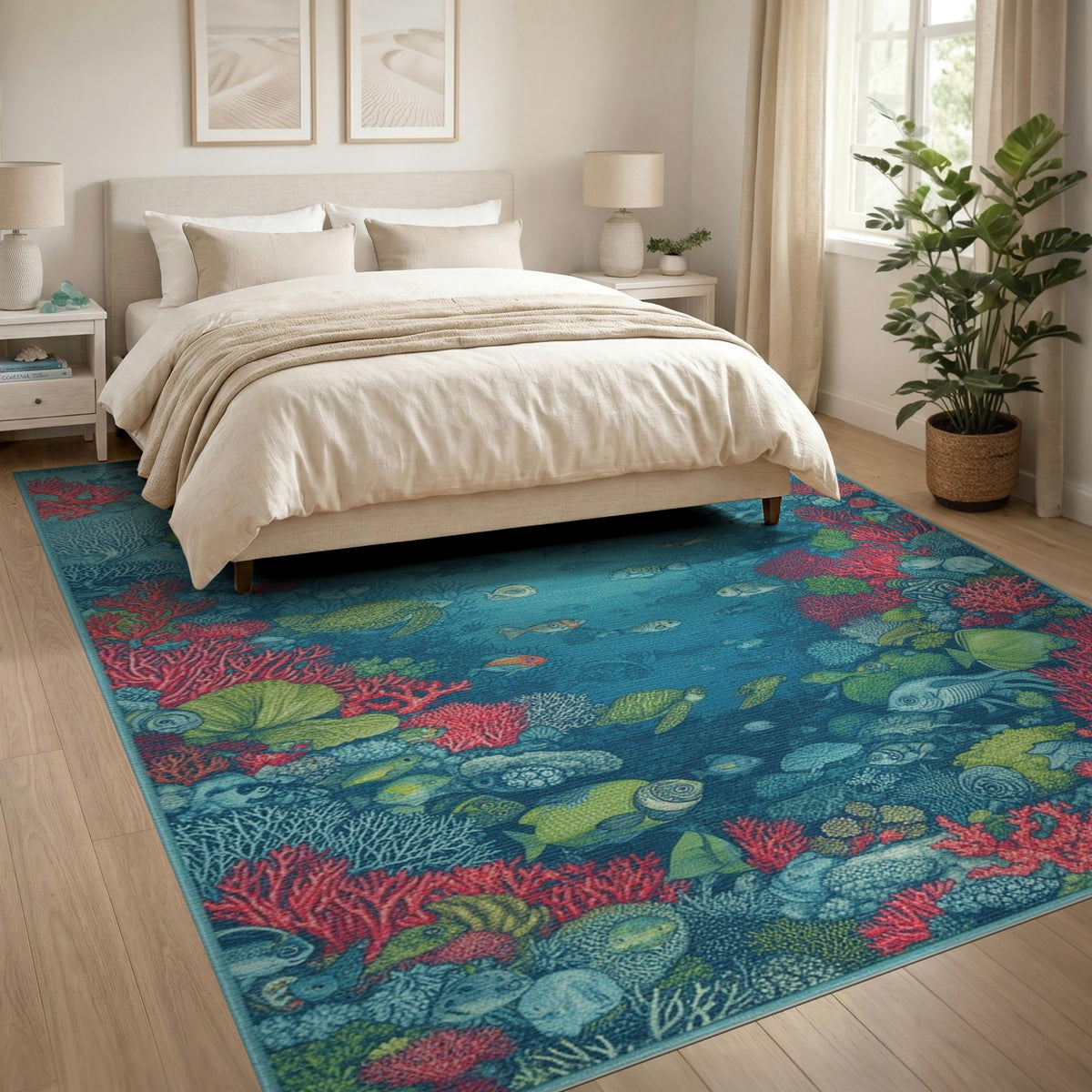 Blue and Teal Ocean Coral Reef Fish Area Rug