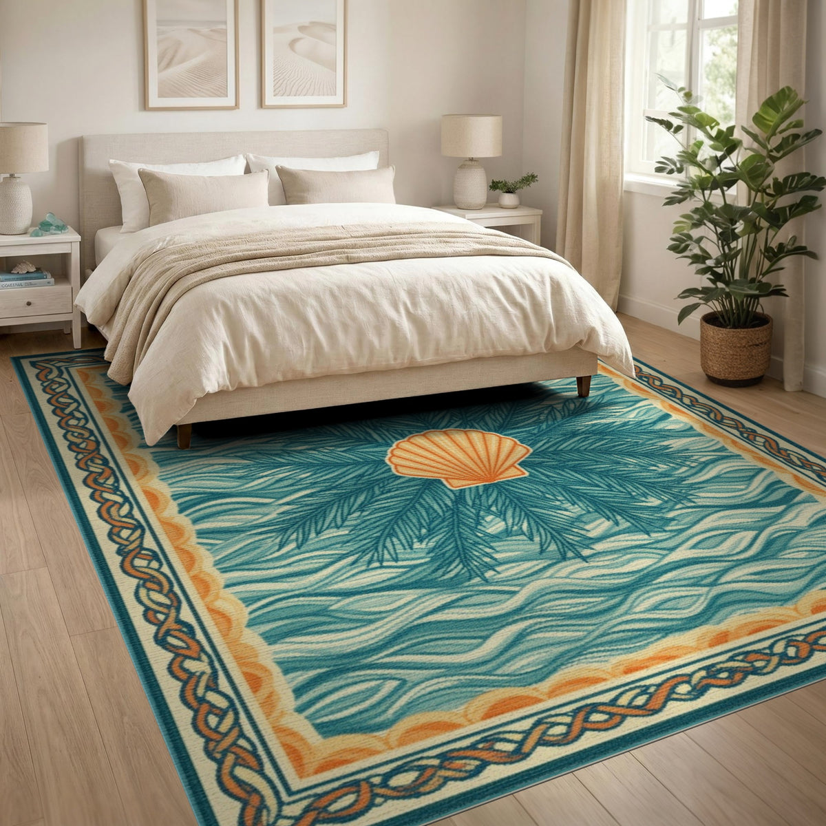 Blue and Teal Coastal Seashell Wave Area Rug