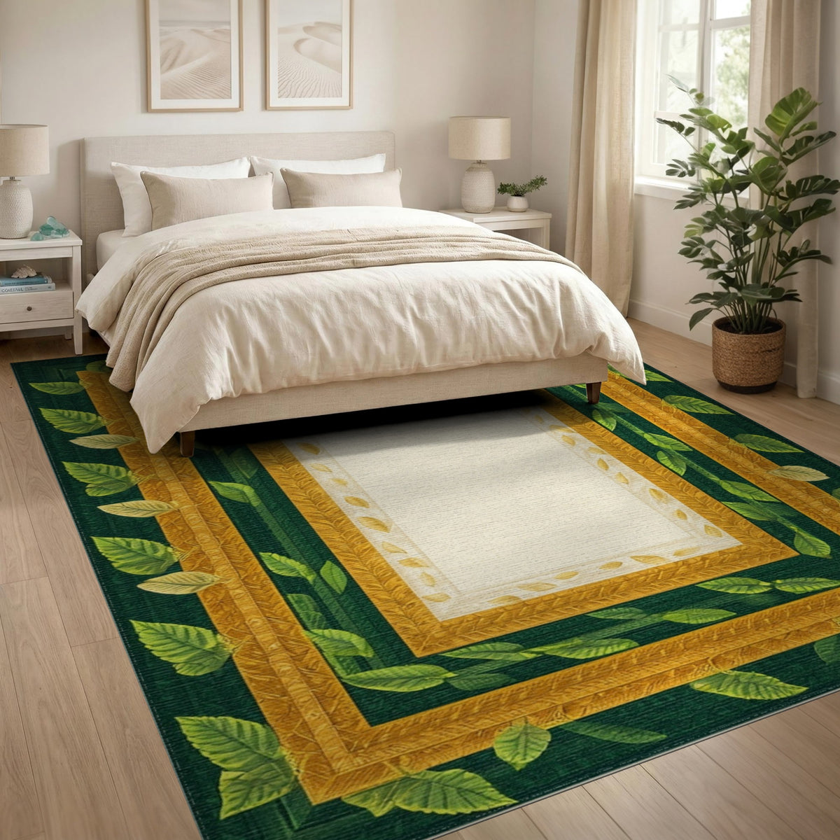 Green Gold Leaf Ornate Frame Area Rug