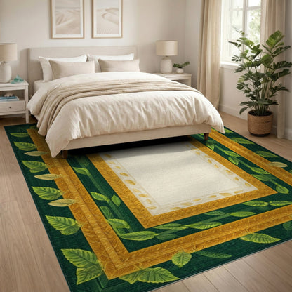 Green Gold Leaf Ornate Frame Area Rug