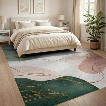 Abstract Green Gold Line Washable Rug