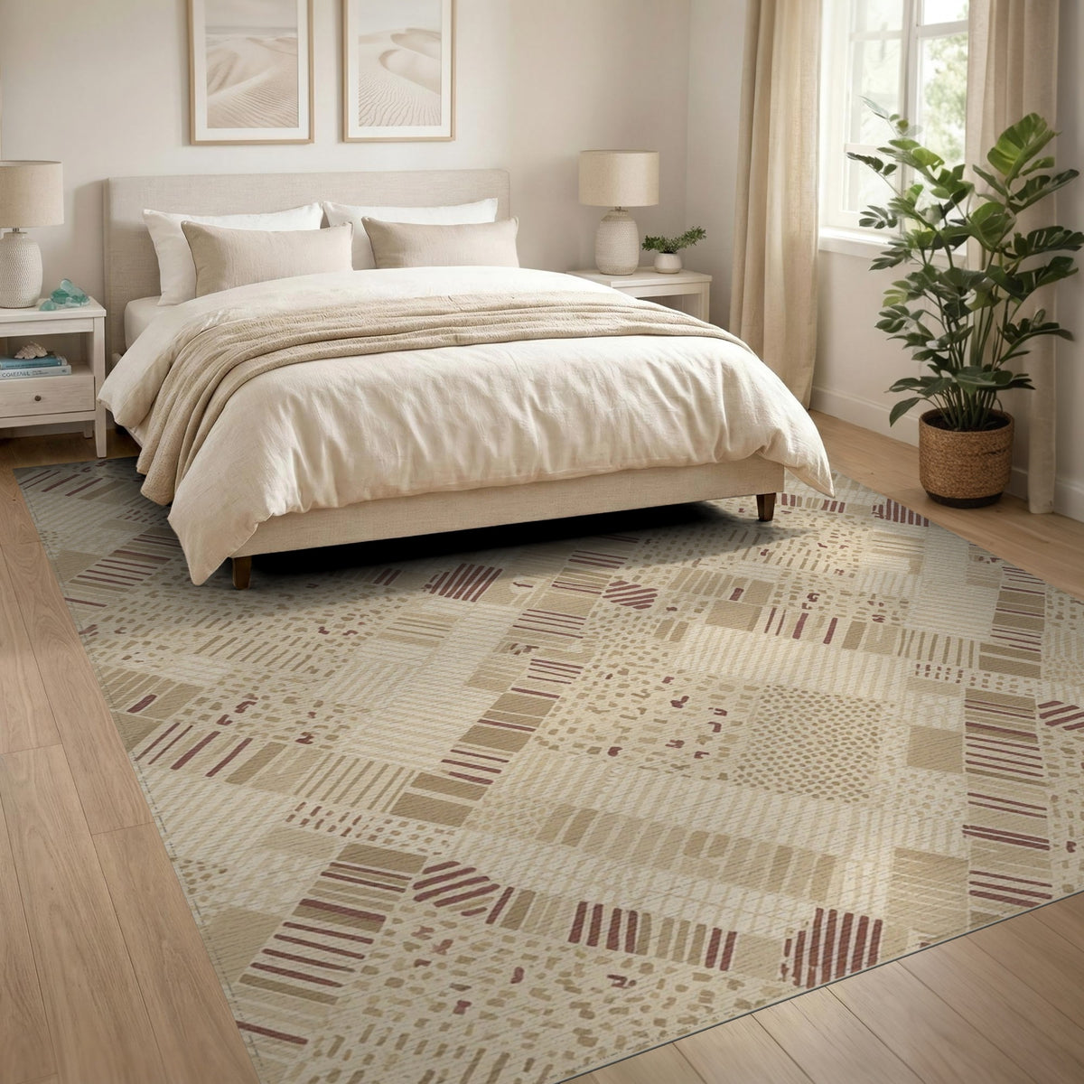 Beige and Neutral Woven Beige Geometric Woven Area Rug