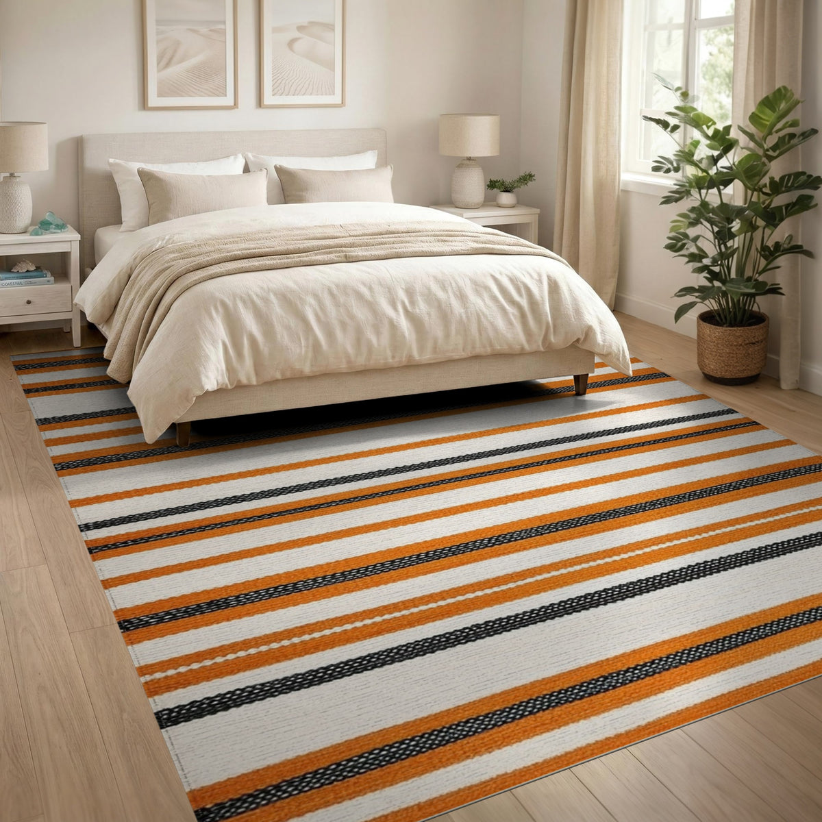 Orange Black Striped Geometric Area Rug