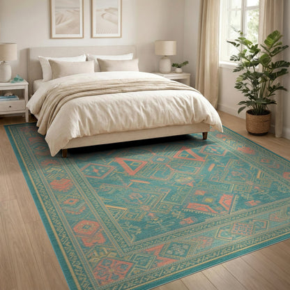 Southwestern Teal Coral Area Rug
