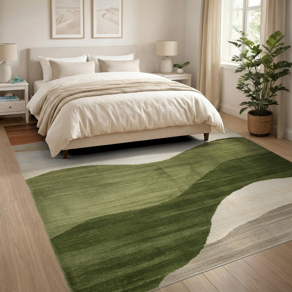 Abstract Wave Area Rug in Beige and Green
