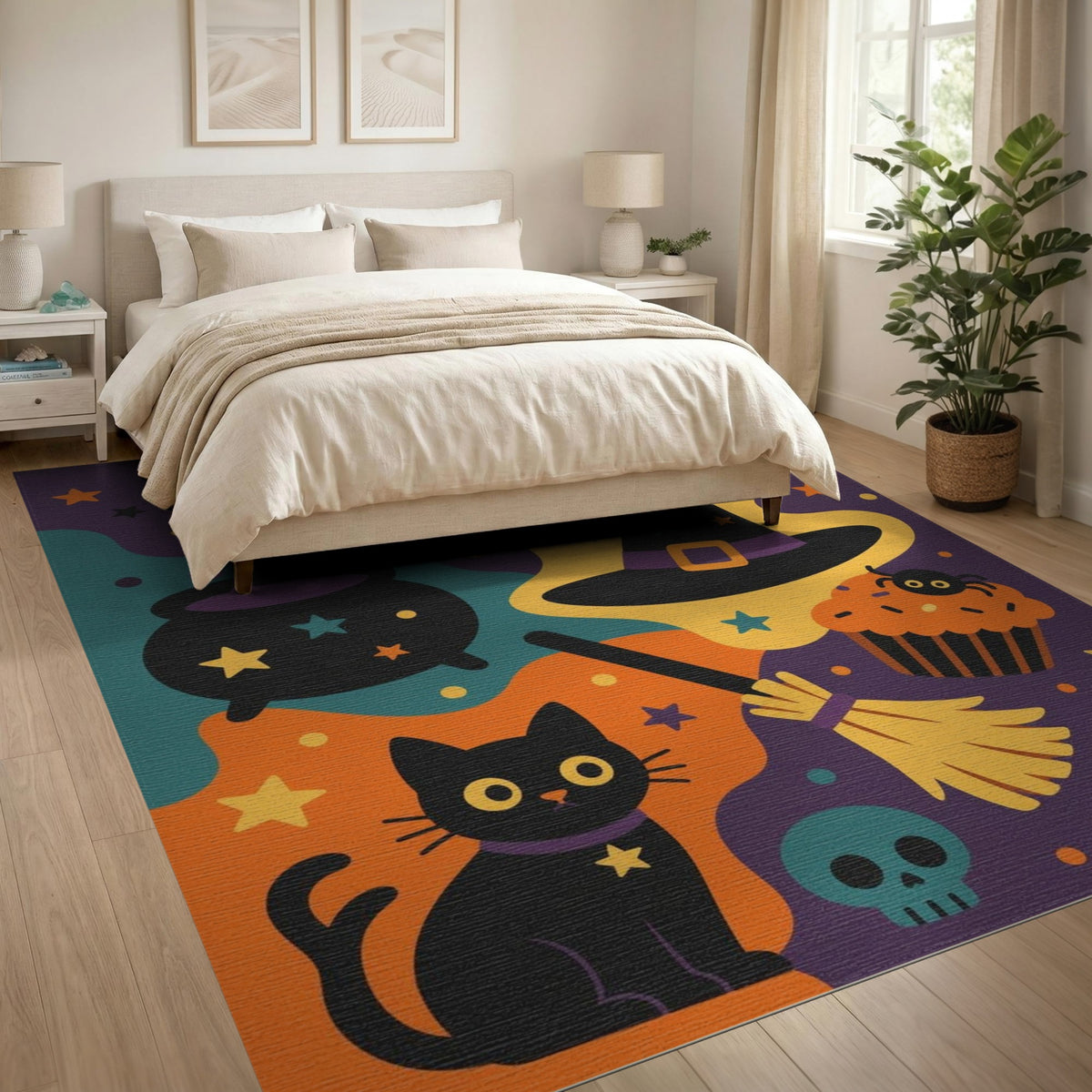 Halloween Black Cat Witch Hat Kids Cartoon Rug