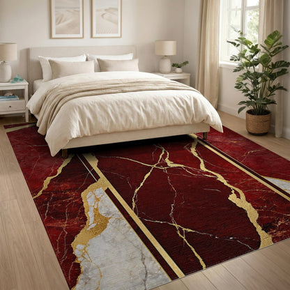 Red Gold Marble Vein Area Rug