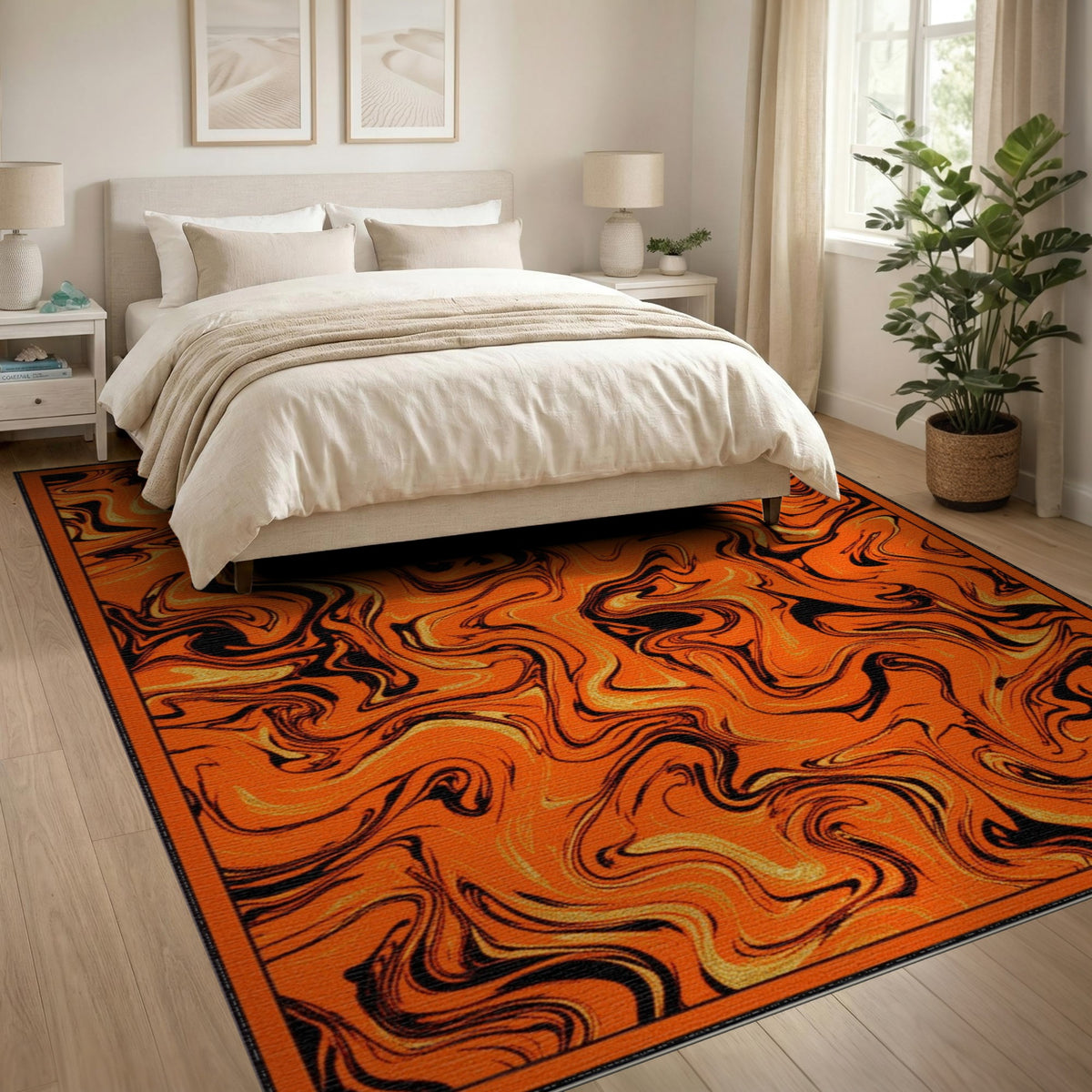 Abstract Area Orange Black Marble Swirl Area Rug