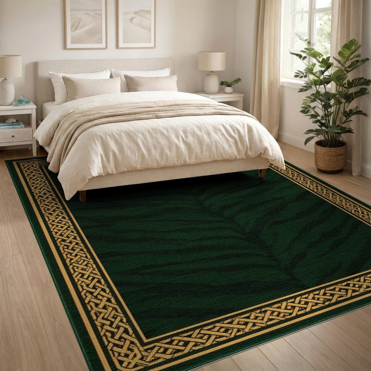 Dark Green Tiger Stripe Area Rug with Gold Border