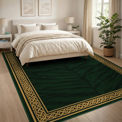 Dark Green Tiger Stripe Area Rug with Gold Border