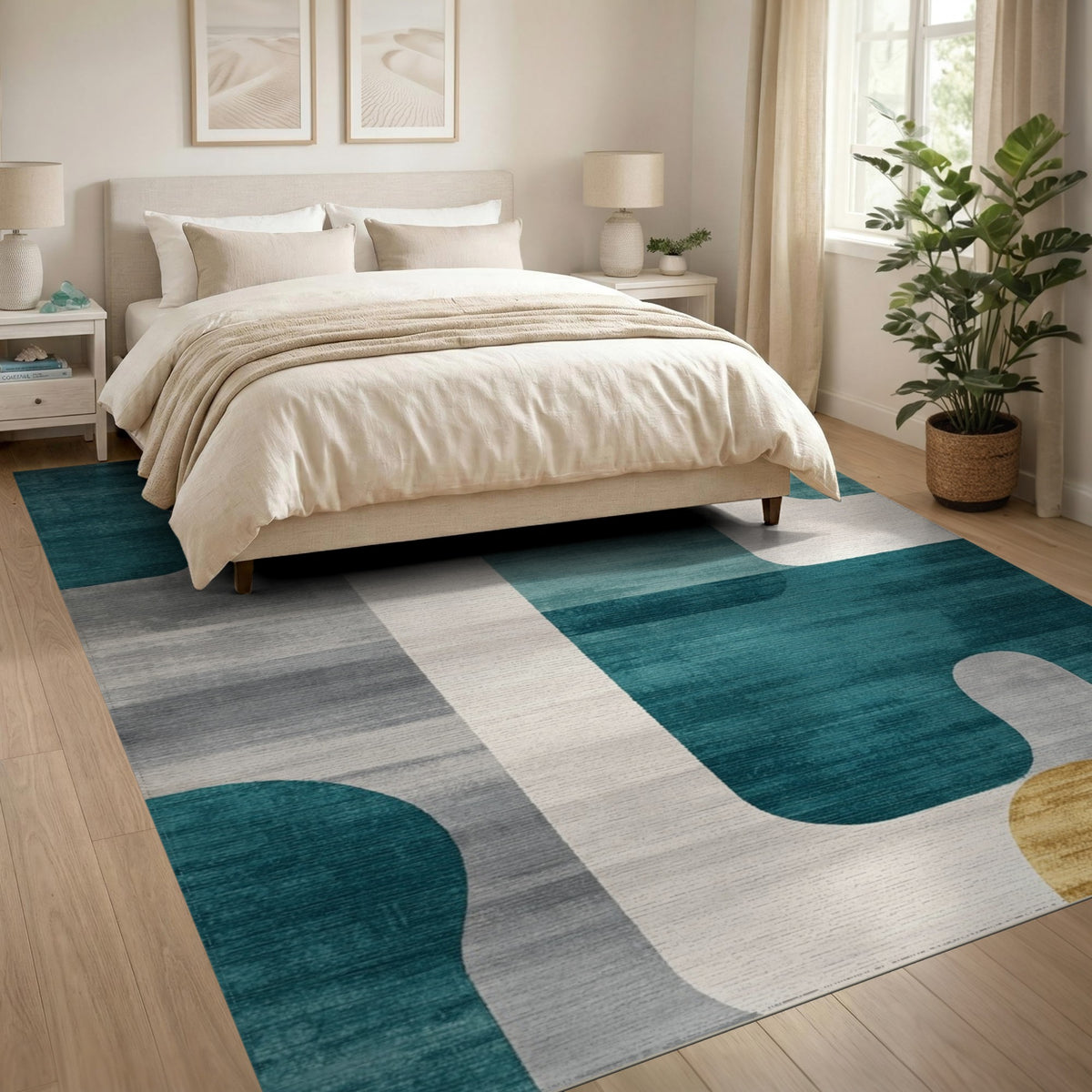 Teal Geometric Area Rug with Gold Accents