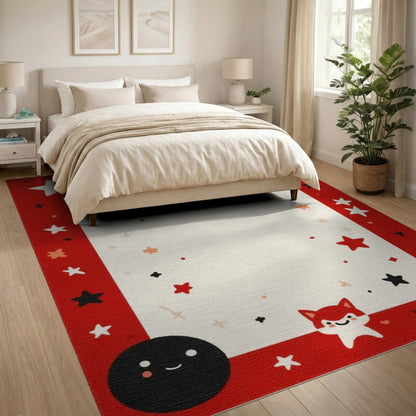 Red Cartoon Fox Stars Kids Area Rug
