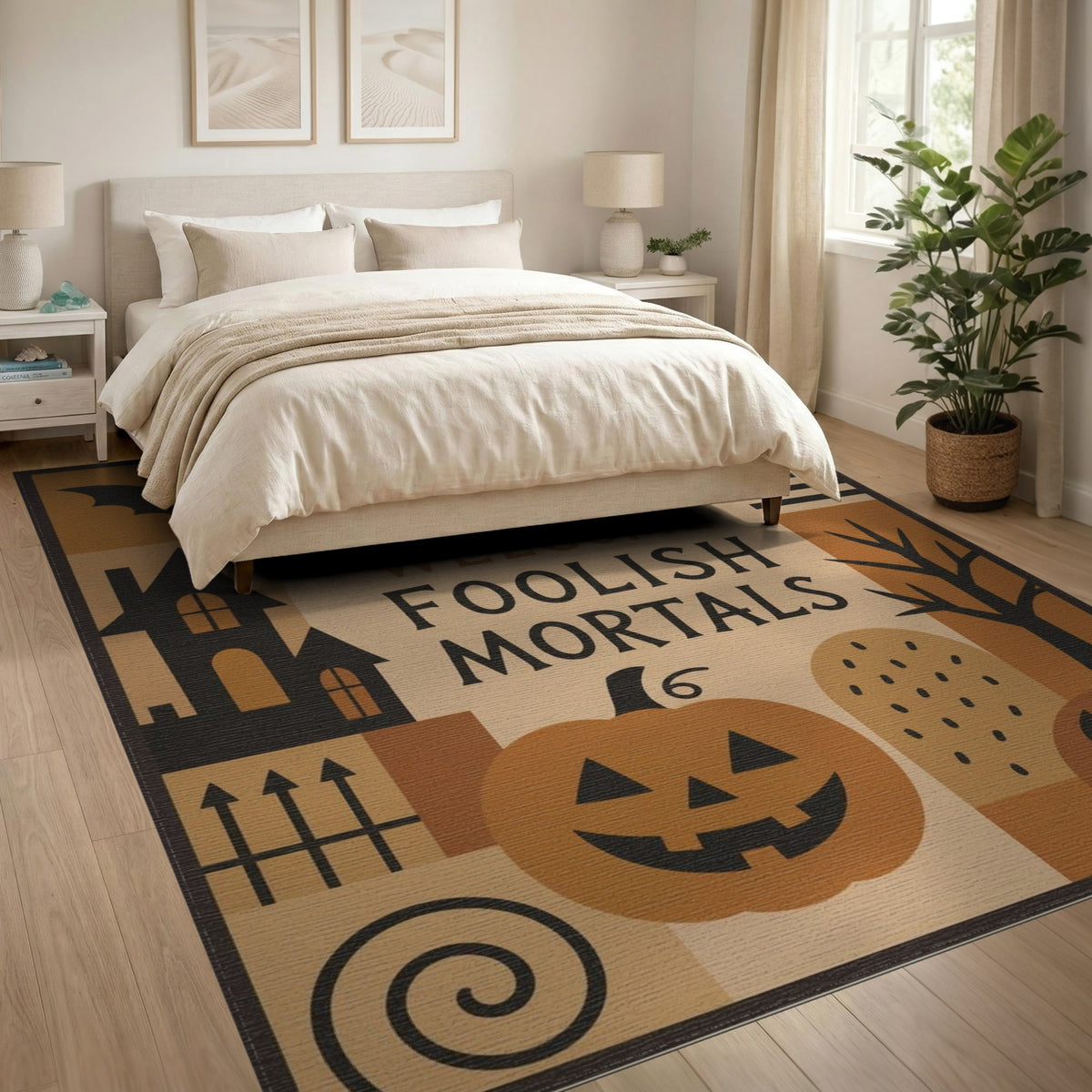 Orange Welcome Foolish Mortals Halloween Area Rug