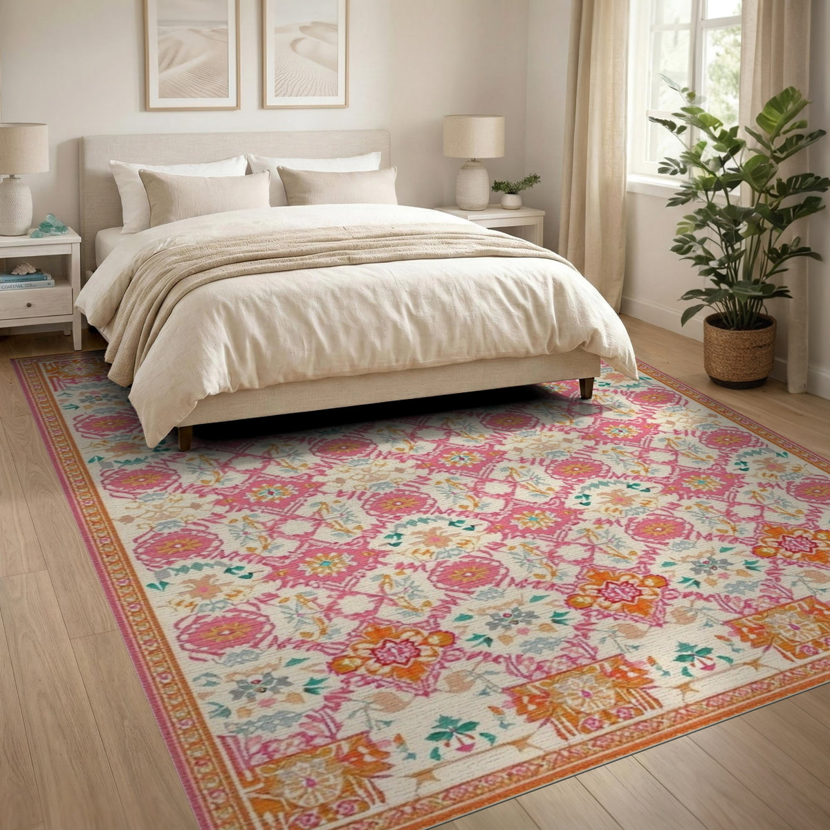 Vibrant Pink Floral Traditional Persian Area Rug