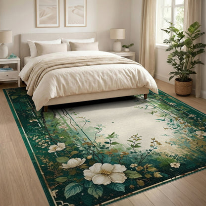 Green Floral Vintage Washable Floral Vintage Area Rug
