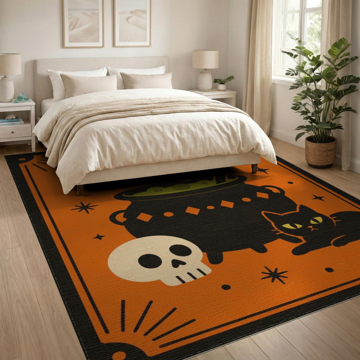 Halloween Cauldron Black Cat Orange Area Rug