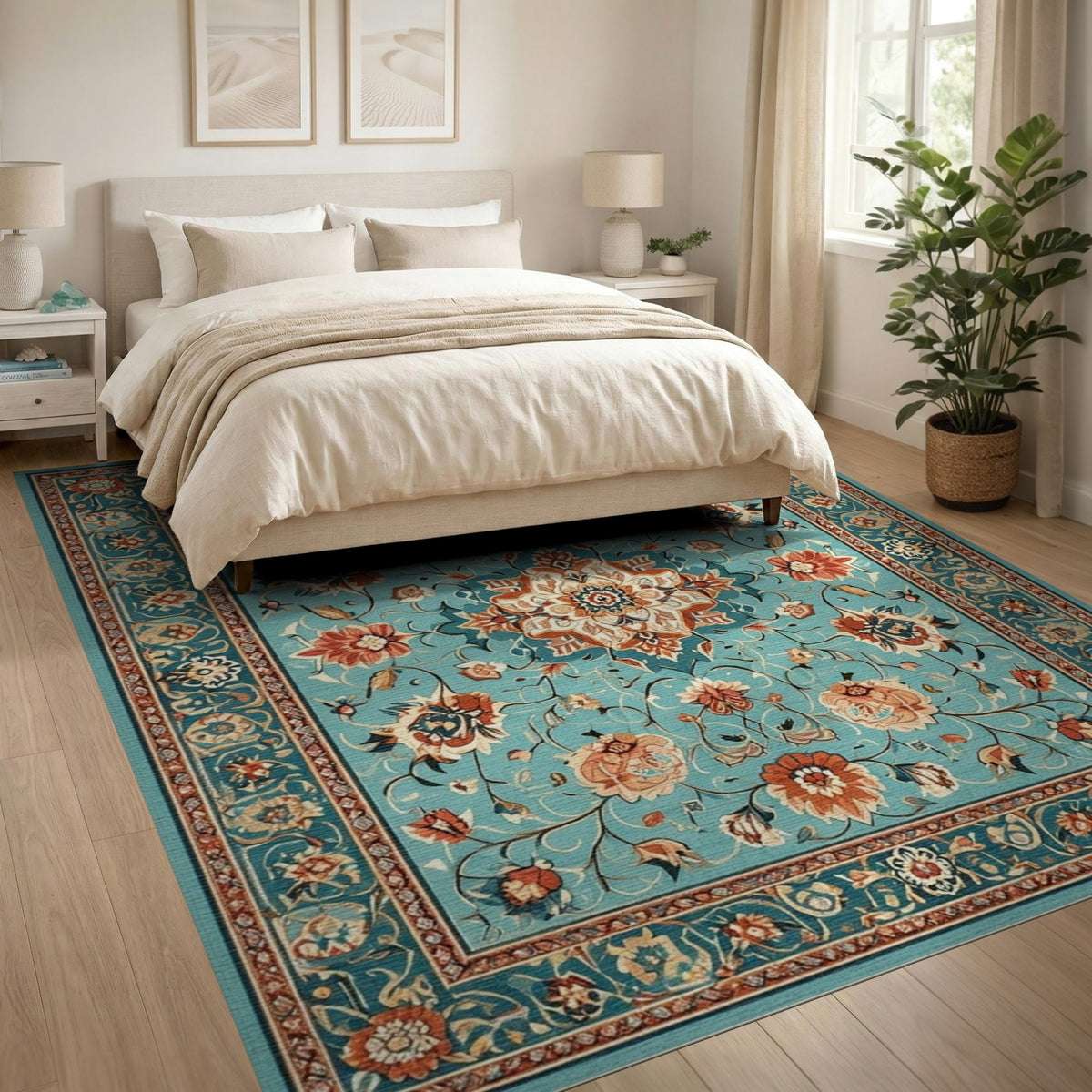 Teal Persian Floral Medallion No. 3 Area Rug