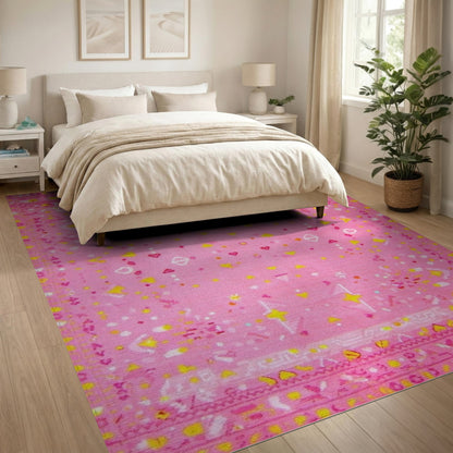 Pink Kids Area Rug with Hearts and Stars