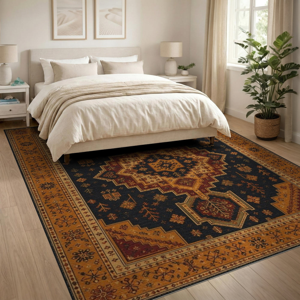 Multi-color and Patterns Navy Orange Persian Medallion Area Rug