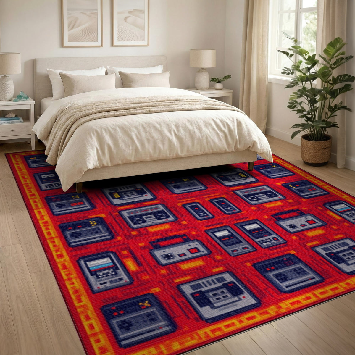 Retro Cassette Grid Red Washable Area Rug