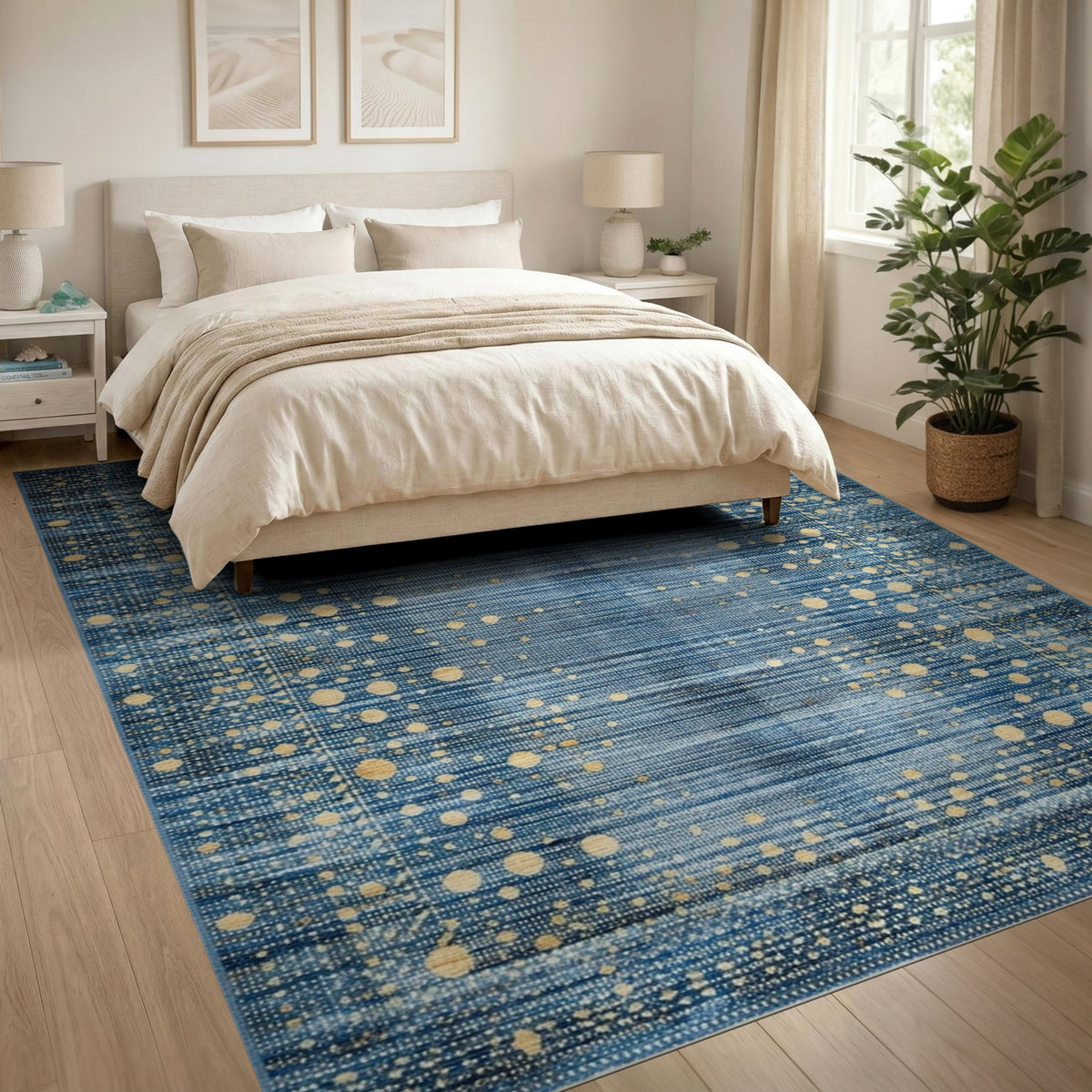 Blue Gold Dot Abstract Area Rug