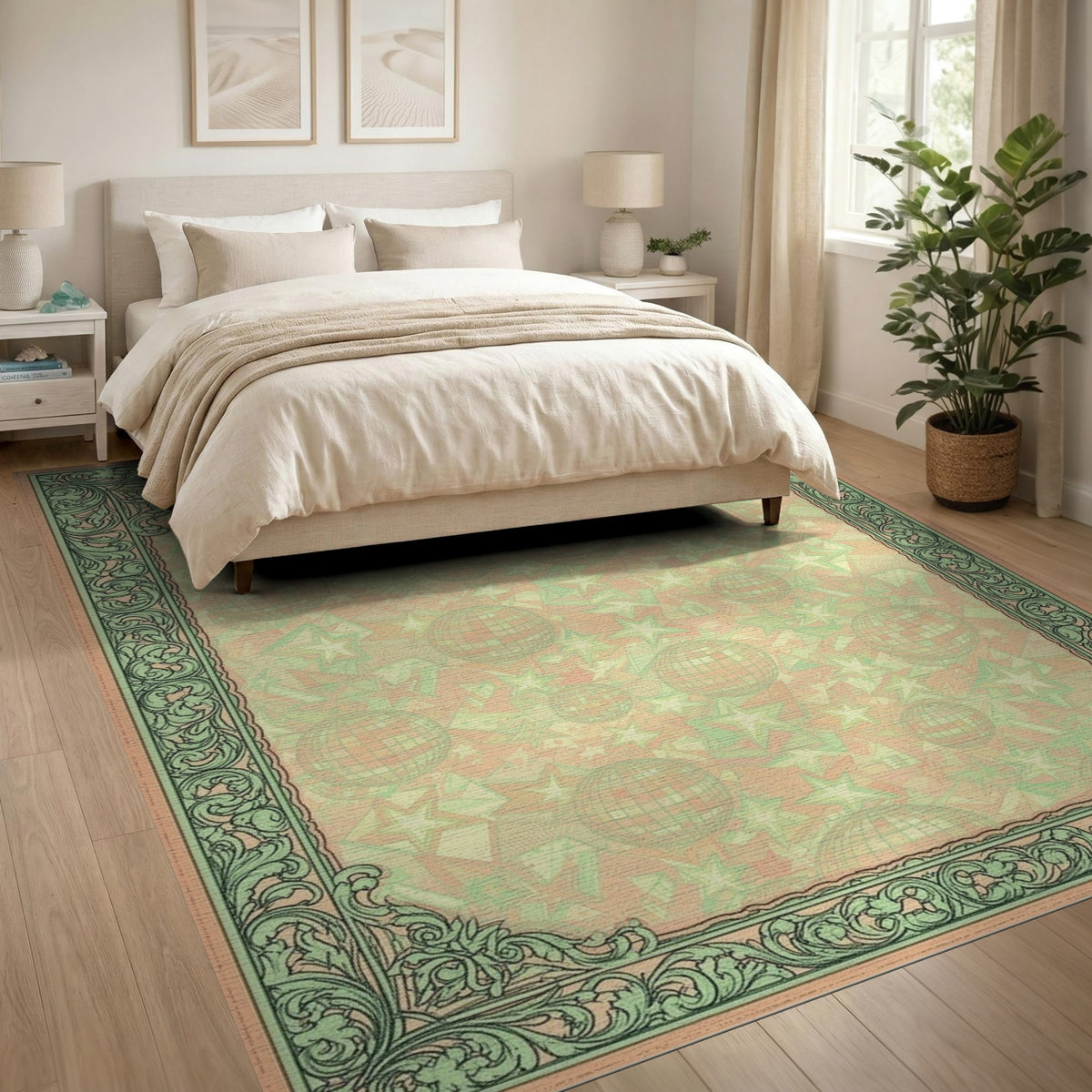 Retro Disco Ball Stars Green Border Rug