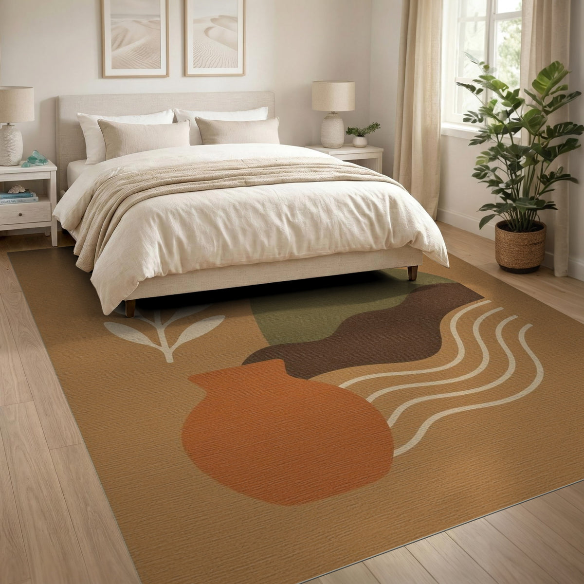 Abstract Earth Tone Area Rug with Terracotta Vase