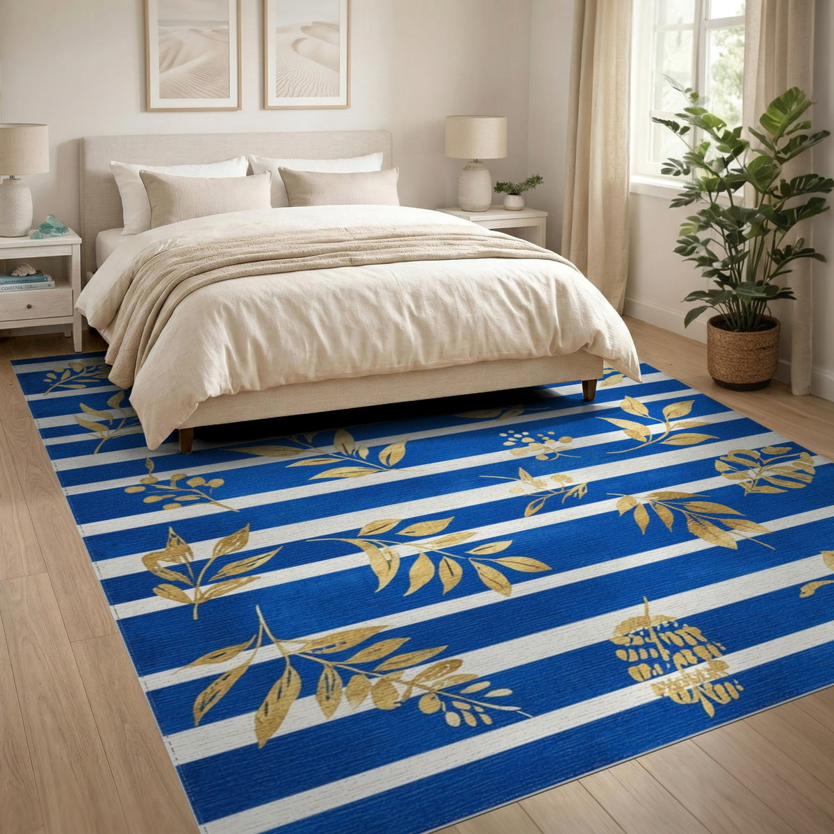 Blue Striped Gold Leaf Washable Area Rug
