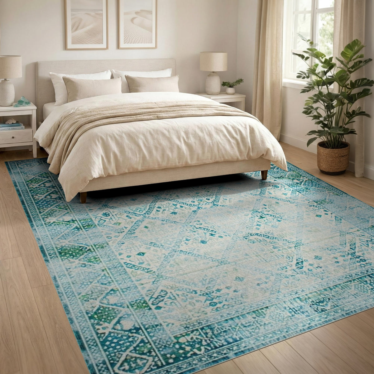 Distressed Blue Teal Vintage Geometric Area Rug